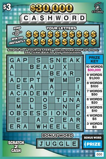 $30,000 Cashword scratch ticket — sample view