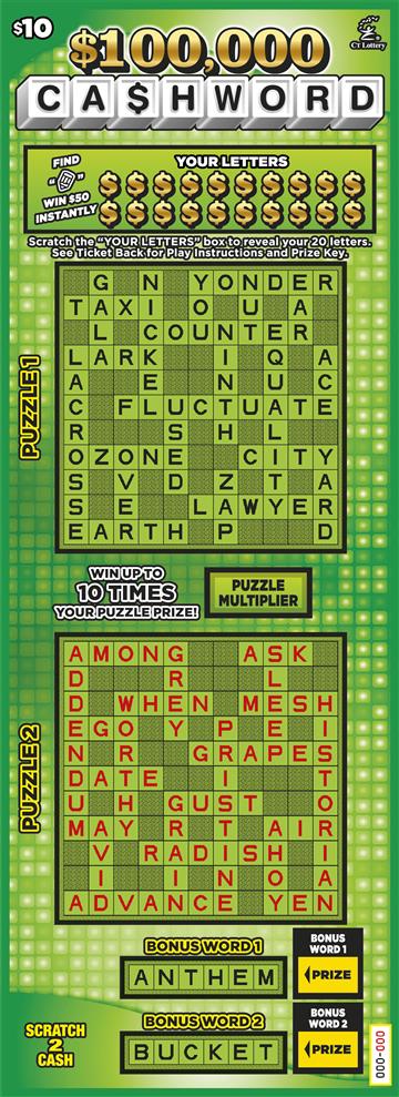 $100,000 CA$HWORD scratch ticket — sample view