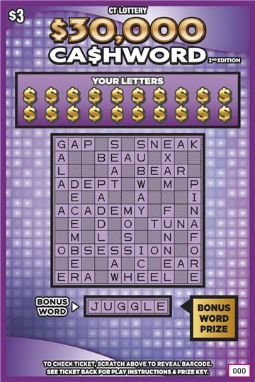 $30,000 CA$HWORD 2nd Edition scratch ticket — sample view