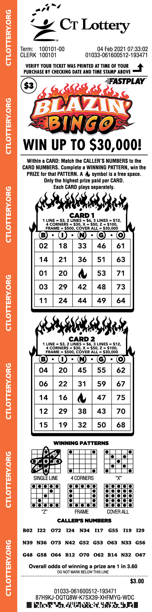 Blazin' Bingo playslip