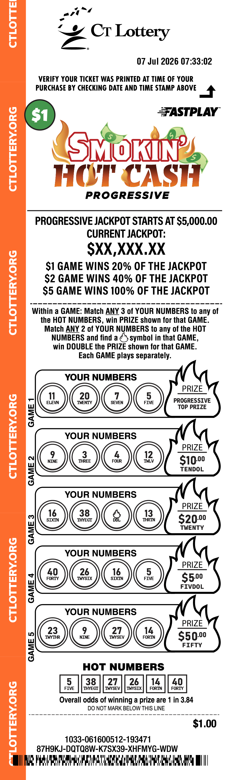 Smokin' Hot Cash Progressive $1 playslip
