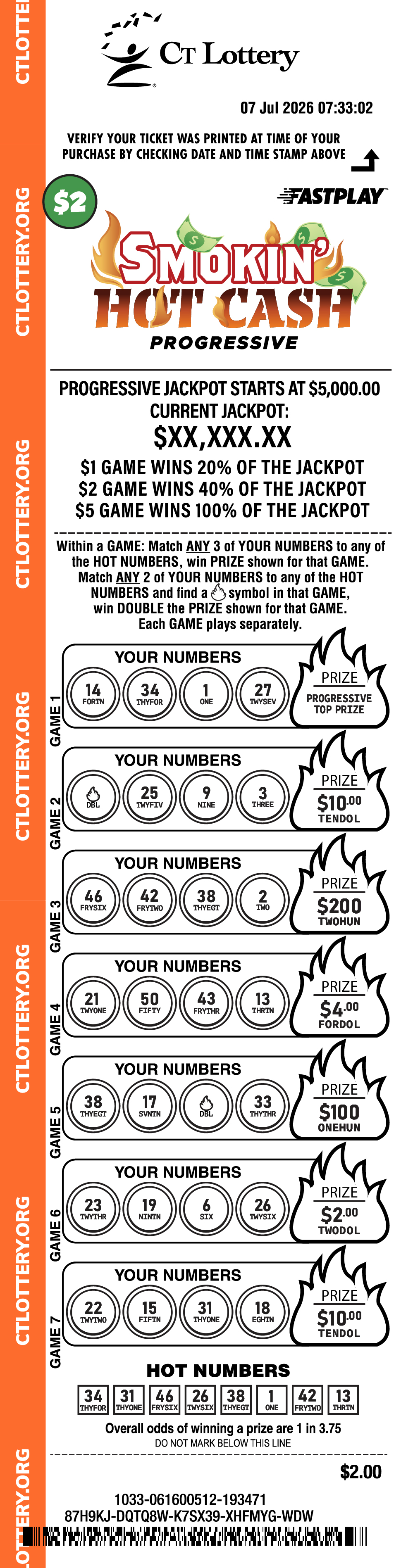 Smokin' Hot Cash Progressive $2 playslip
