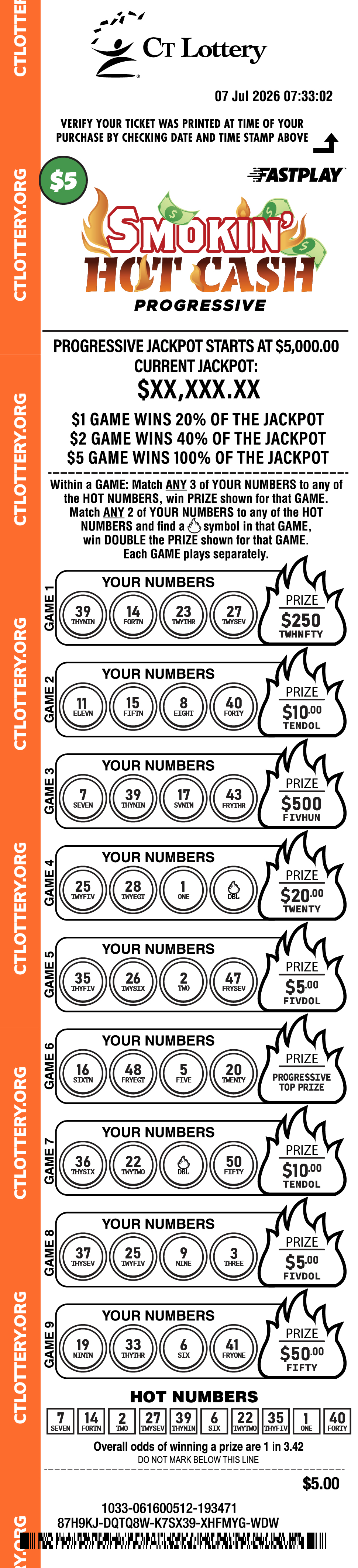 Smokin' Hot Cash Progressive $5 playslip