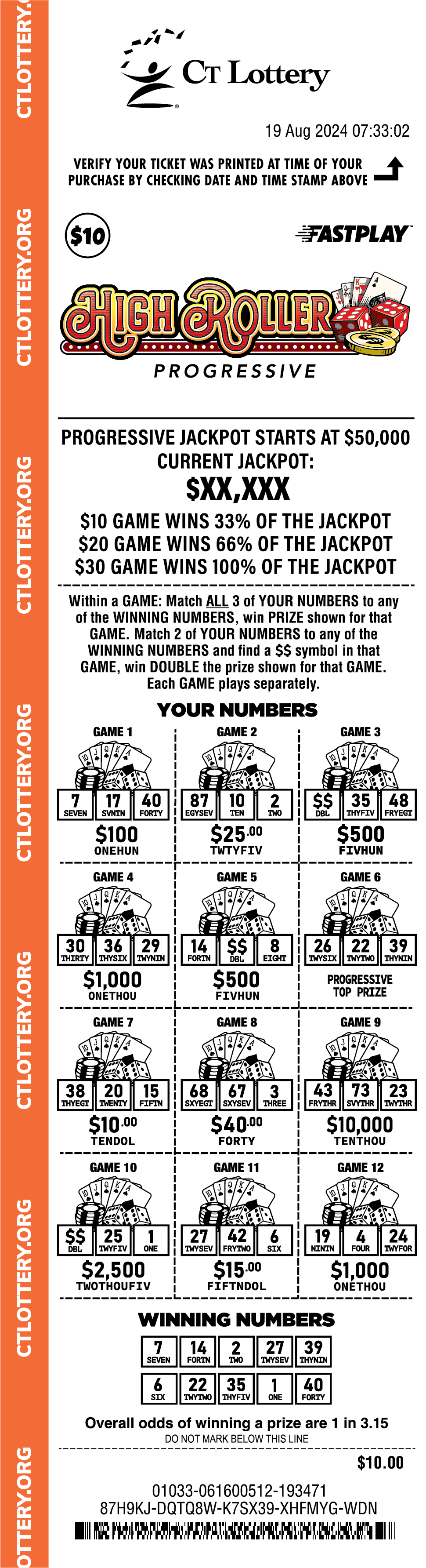 High Roller Progressive $10 playslip