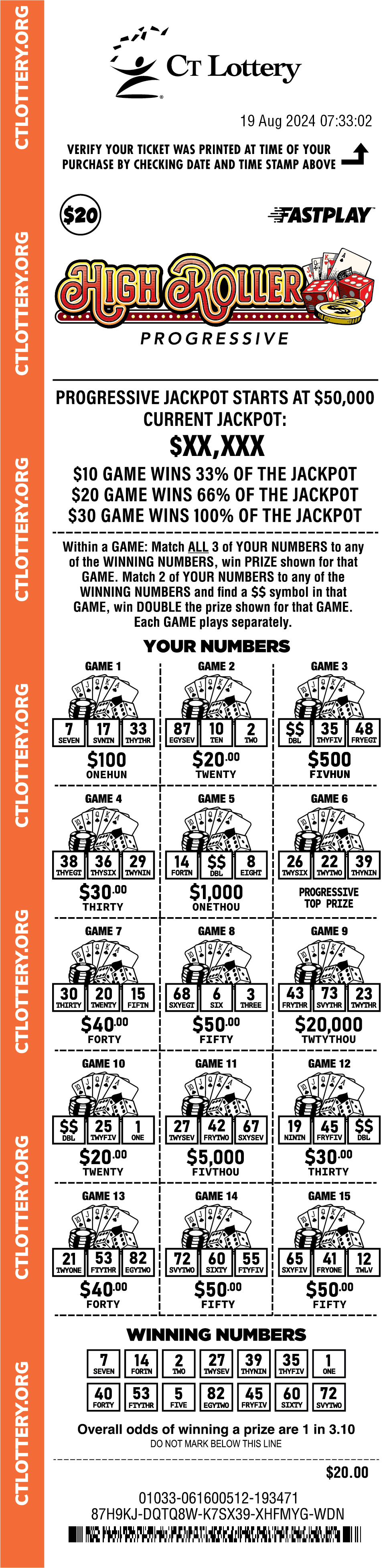 High Roller Progressive $20 playslip