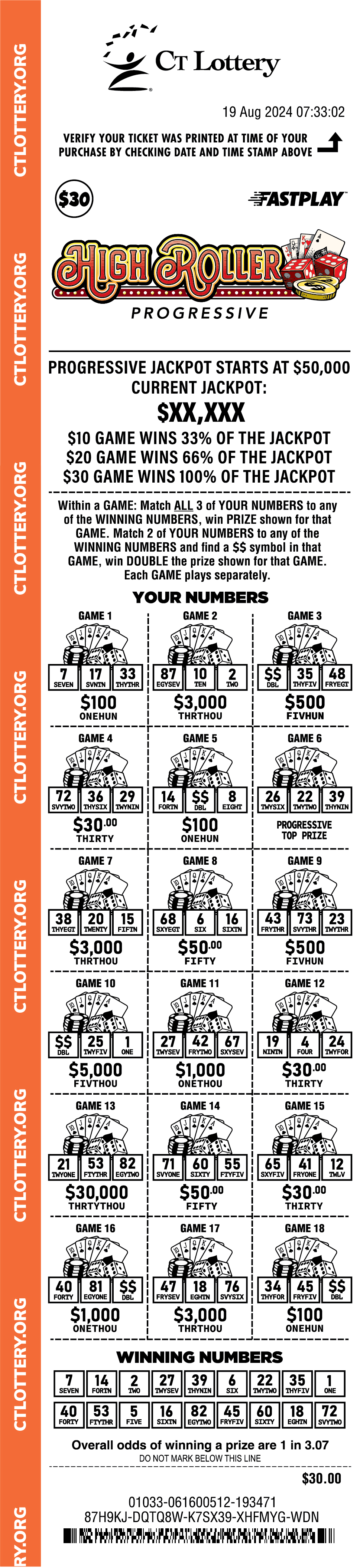 High Roller Progressive $30 playslip