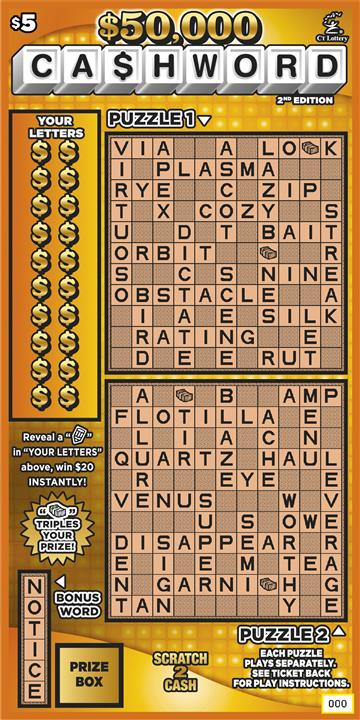 $50,000 Cashword 2nd Edition scratch ticket — sample view