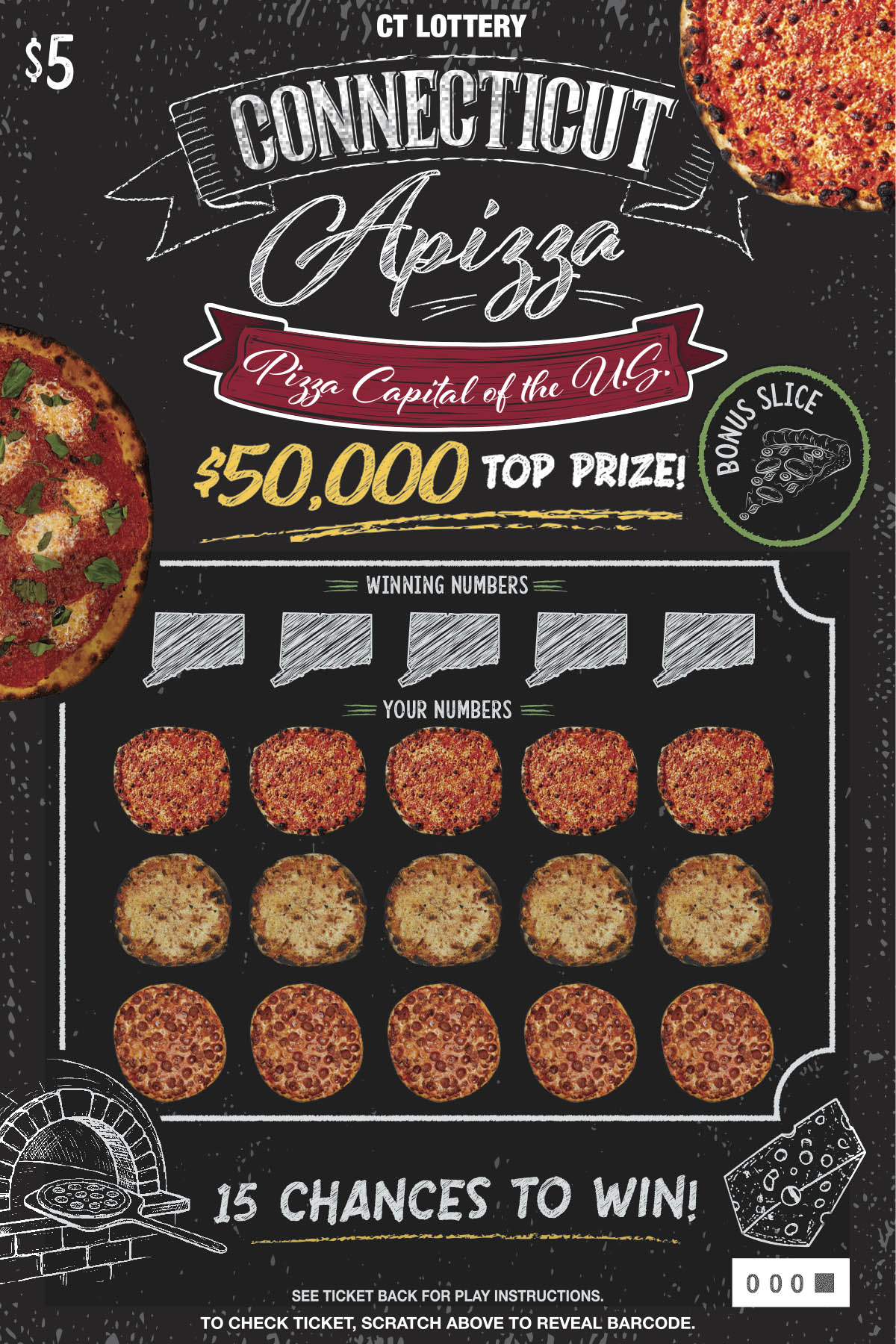 CONNECTICUT APIZZA scratch ticket — sample view
