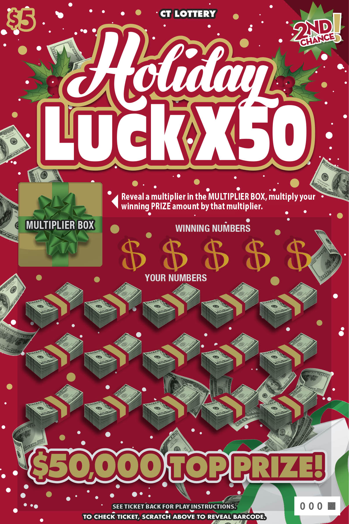 HOLIDAY LUCK X50 Connecticut scratch-off ticket