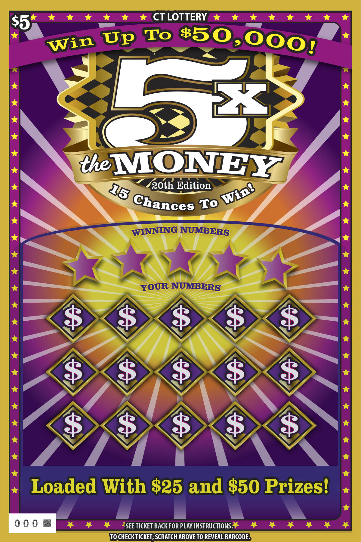 5X THE MONEY 20TH EDITION scratch ticket — sample view