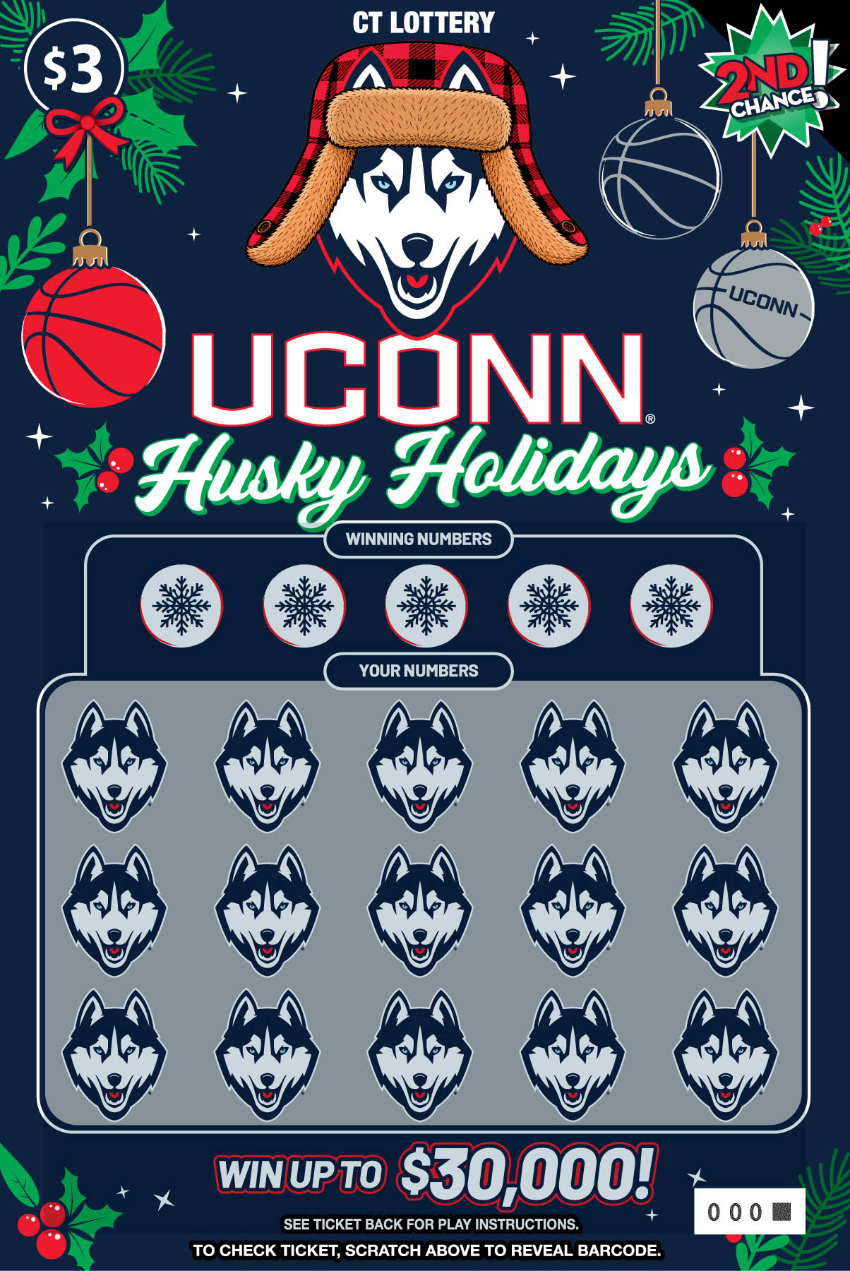 UCONN® HUSKY HOLIDAYS scratch ticket — sample view